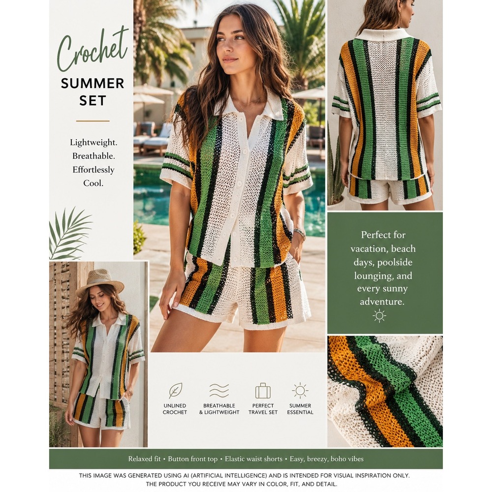 Crochet Short Set 1X Boho Beach Stripe Button Front Knit Summer Set White Green